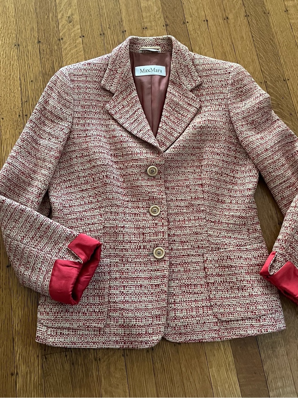 MaxMara Red  and Cream Tweed Button-Front Blazer Wool ~ Silk